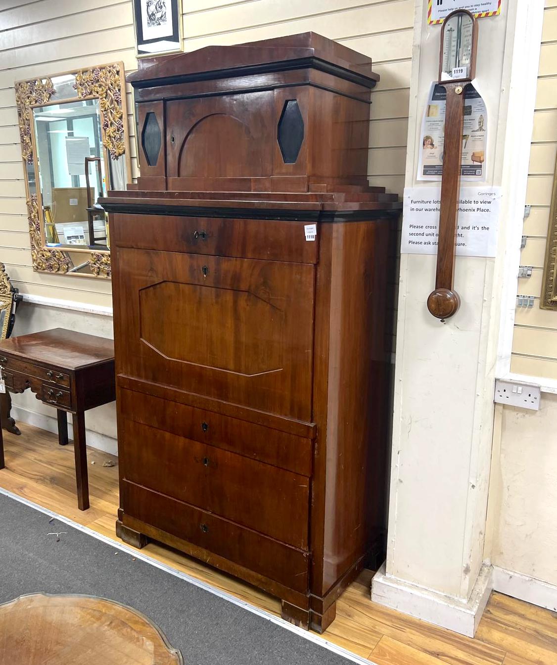 An early 19th century Berlin Biedermeier mahogany and parcel ebonised secretaire, in the manner of Schinkel, width 106cm, depth 54cm, height 195cm